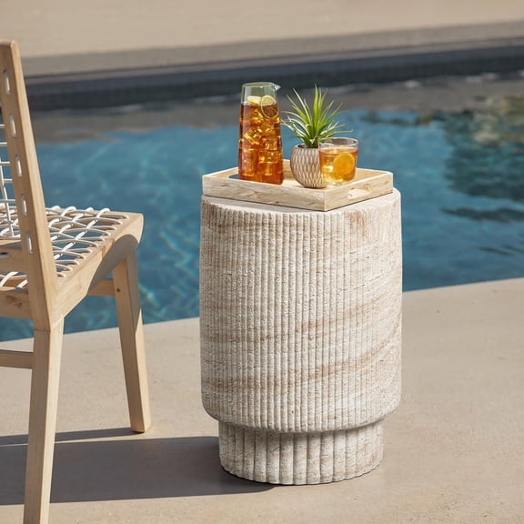 Outdoor Accent Side Table, 18" Travertine-Style Outdoor Furniture, Round with Ribbed Cement End Table for Patio Backyard Balcony, Modern Coffee Furniture Gift
