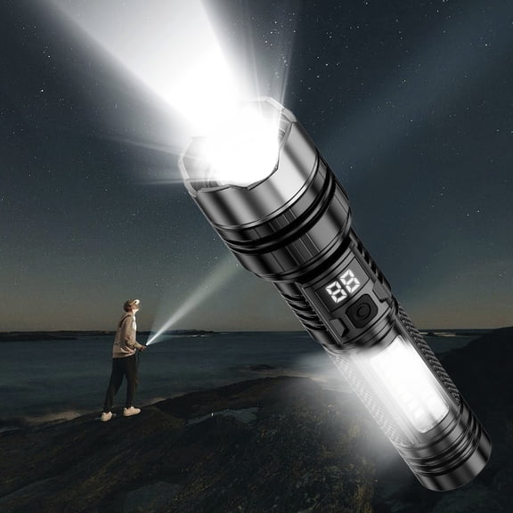 Outdoor Accessories, Rechargeable Flashlights High Lumens Super Bright Led Handheld Flash Light Battery Powered With 5 Light Modes Side Light USB Charging Power Display, Family Gifts