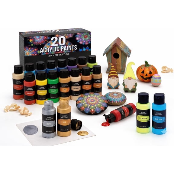 Outdoor Acrylic Paint Set 2 fl oz 20 Tubes Glow in the Dark Weather Resistant for Wood Leather Metal Fabric and Rocks