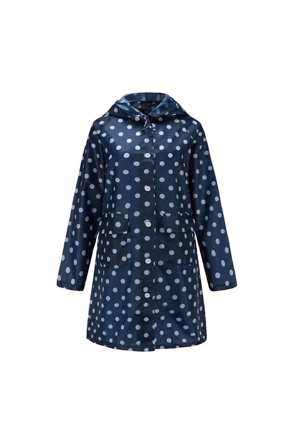 Outdoor Activities Polka Dot Hooded Rain Jacket, Travel Activities Water Resistant Button Waisted Trench Coat Raincoat, Navy Blue Extra Large 1 Piece