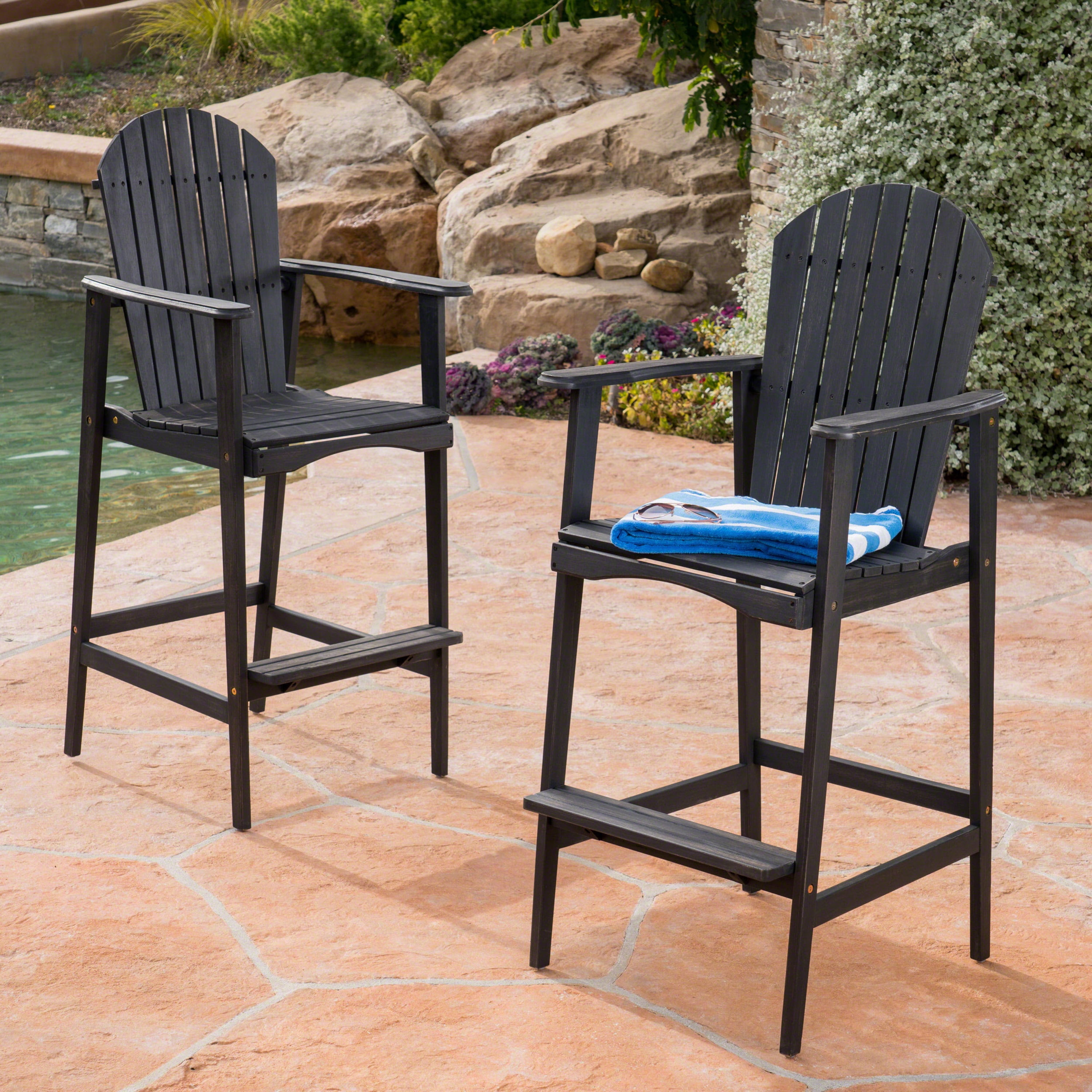 Outdoor Adirondack Bar Stool Set of 2, Solid Wood Height Seats for Patio Bar, Dark Gray