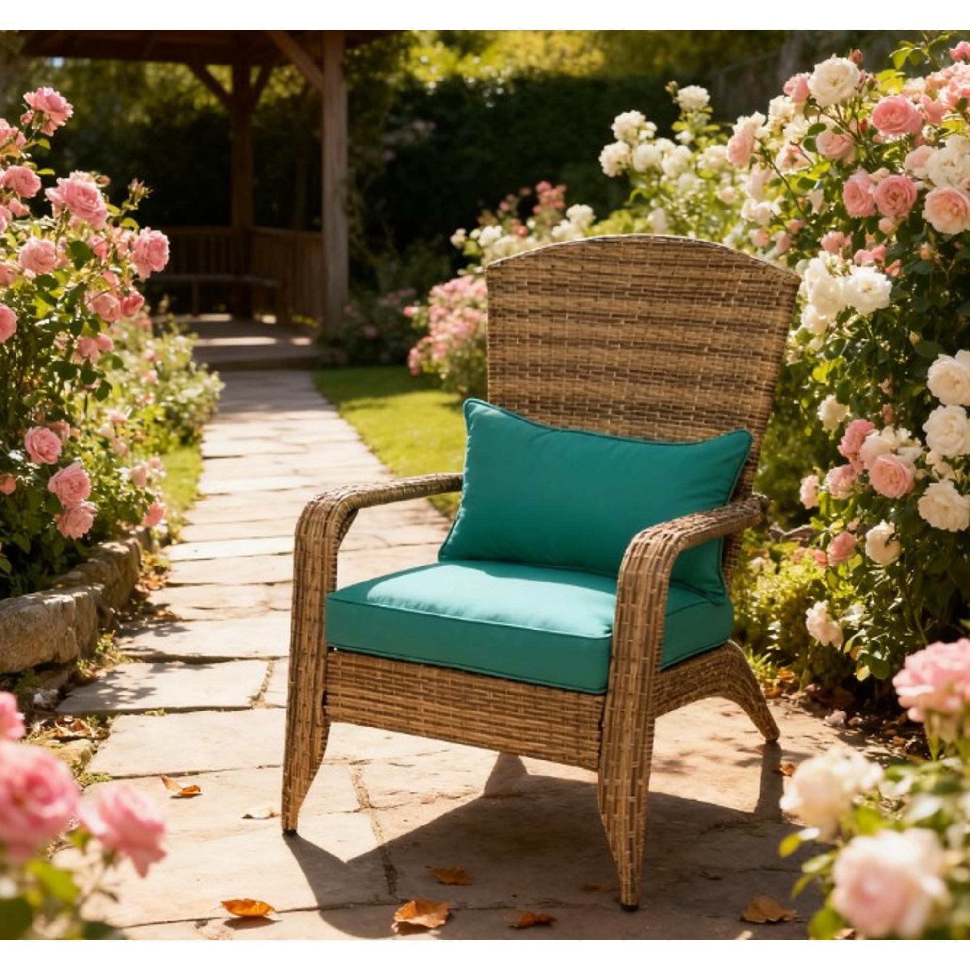 Outdoor Adirondack Chair Curved Tall Back PE Wicker with Soft Sky Blue Cushion for Patio Porch Pool | Brown | Steel