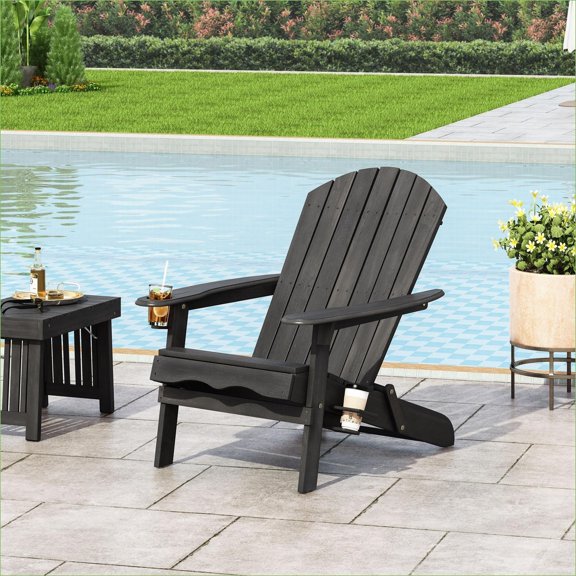 Outdoor Adirondack Chair | Folding Rustic Lounge Chair with Cup Holder for Patio Backyard Poolside | Charcoal Gray | Wood