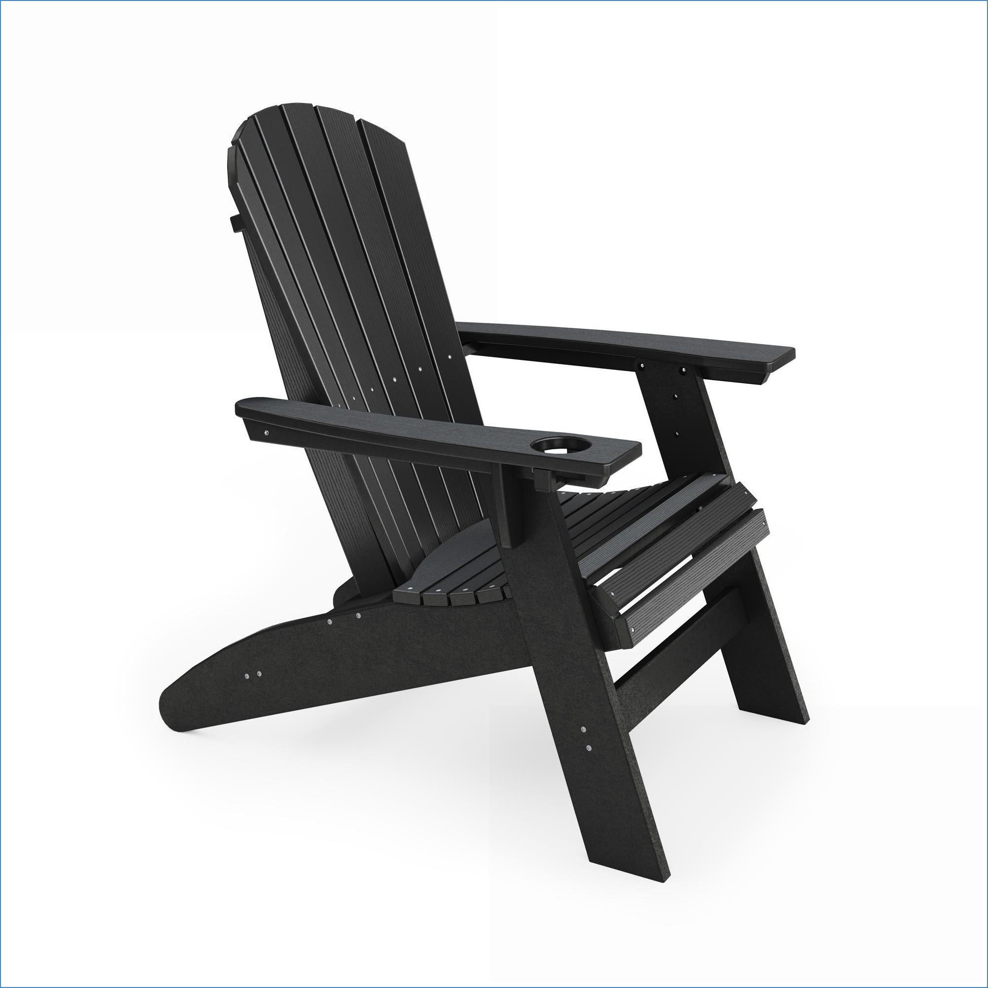 Outdoor Adirondack Chair | For Patio Poolside Garden | Curved Back with Cup Holder | Black | HDPE