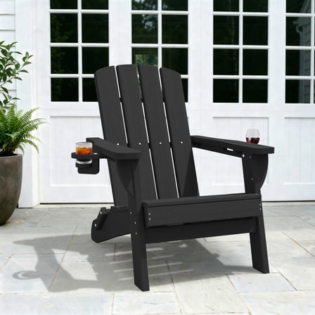 SUUNYN Folding Adirondack Chair, HDPE All-Weather Fire Pit Chairs, Plastic Adirondack Chairs with 2 Cup Holder, Black
