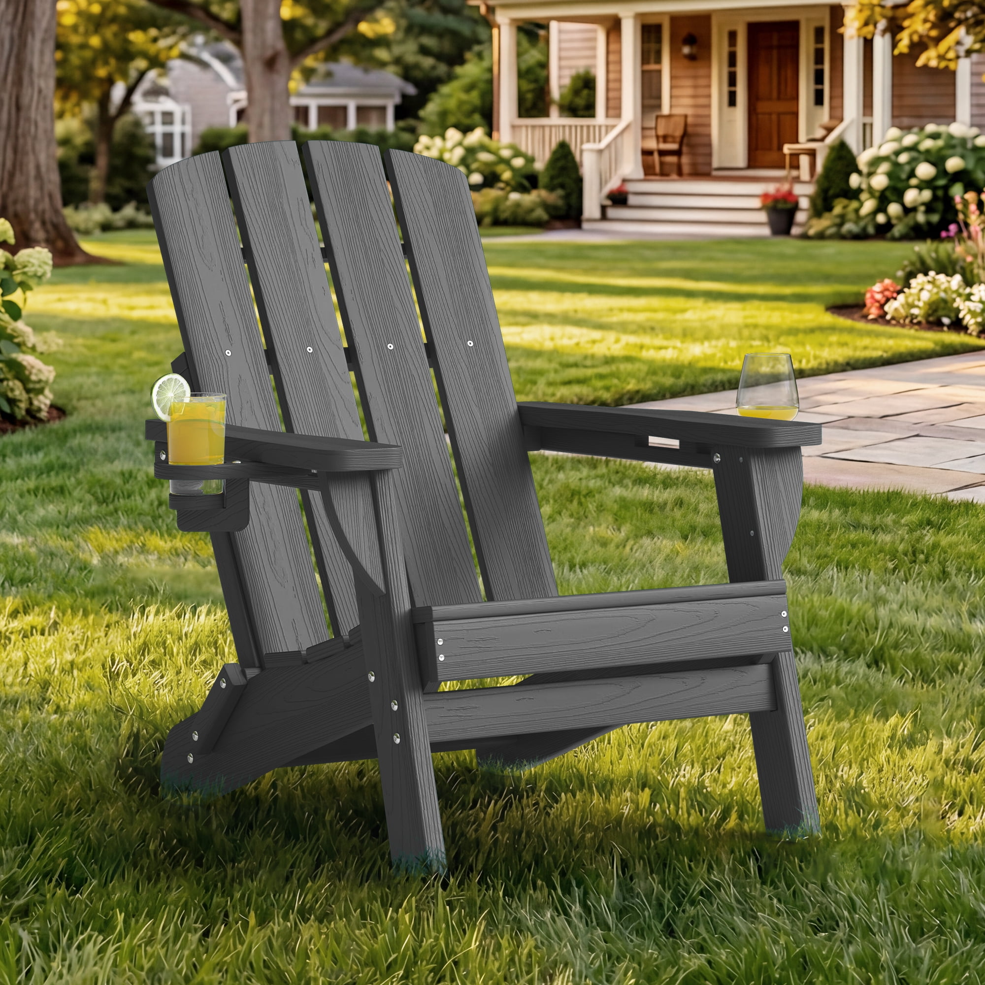 Outdoor Adirondack Chair, Outdoor Folding All-Weather HDPE Adirondack Chairs with 2 Cup Holders for Patio, Gray