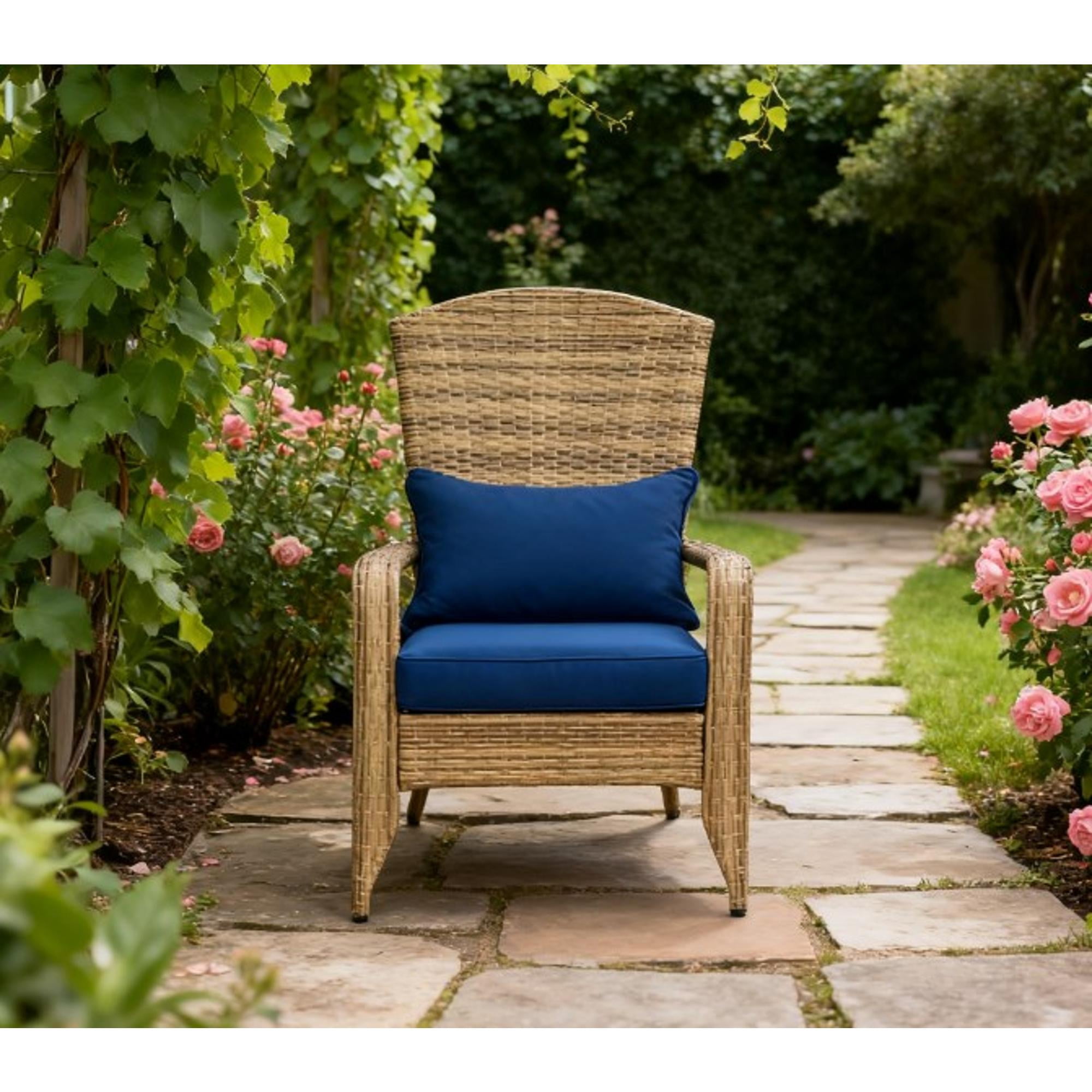 Outdoor Adirondack Chair with PE Rattan Wicker, Dark Blue Cushion | Patio Porch Pool | Dark Blue | Steel