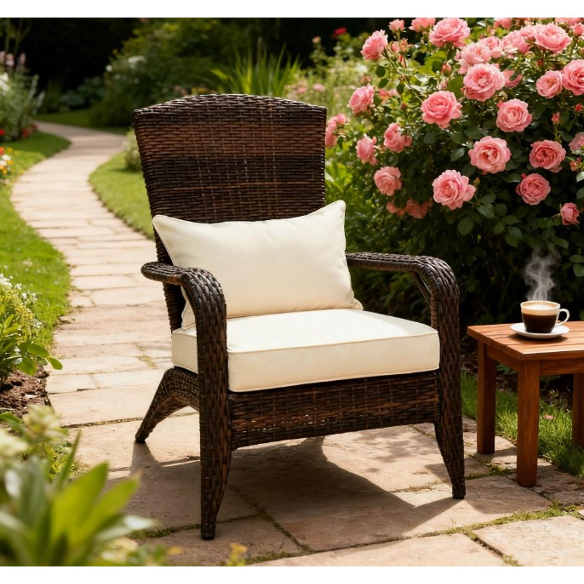 Outdoor Adirondack Chair with Tall Curved Backrest, Soft Cream Cushions | Walnut Brown Wicker | Rattan,Steel,Polyester