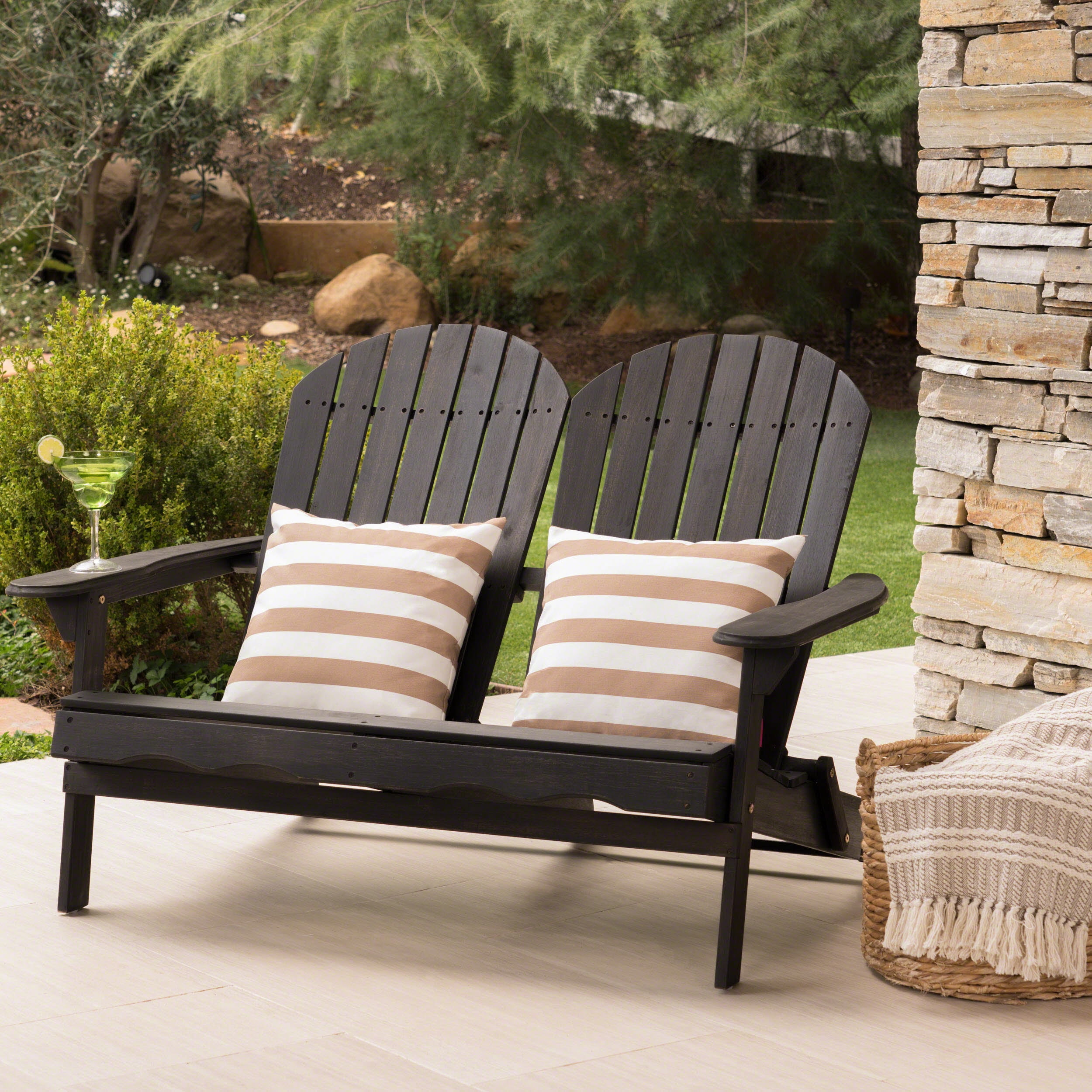 Outdoor Adirondack Double Seat Loveseat, Acacia Wood Frame Leisure Couch for Patio Garden, Dark Gray