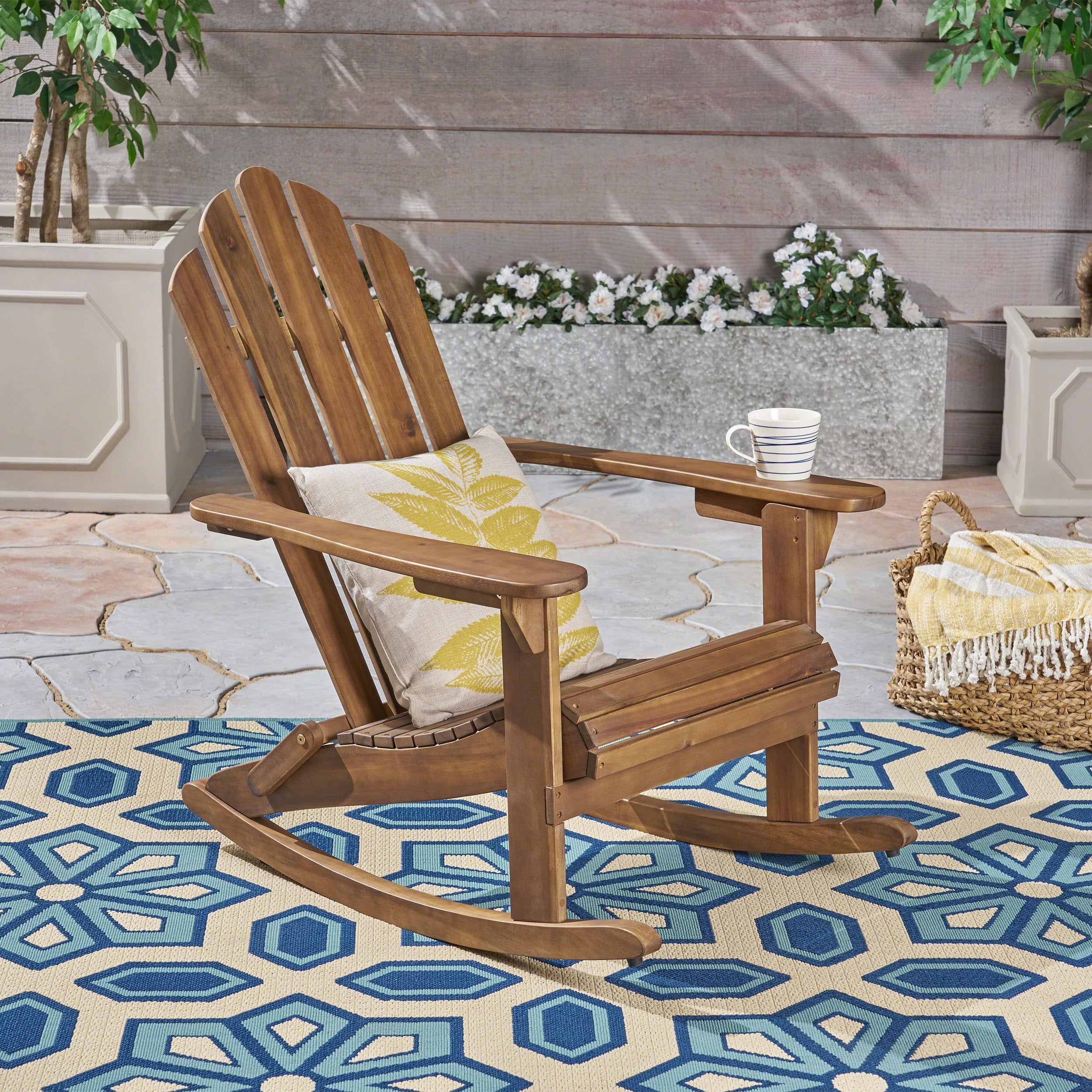 Outdoor Adirondack Rocking Chair, Solid Acacia Wood Swing Rest Seat for Patio Garden, Dark Brown