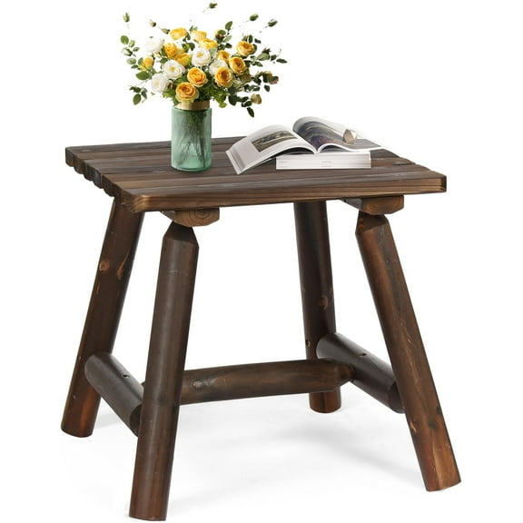 Outdoor Adirondack Side Table, 19.5" Thick Wooden Patio Square End Table with Slatted Tabletop, Solid Wood Rustic Accent Table for Indoor & Garden Deck Porch Balcony Backyard, Carbonized