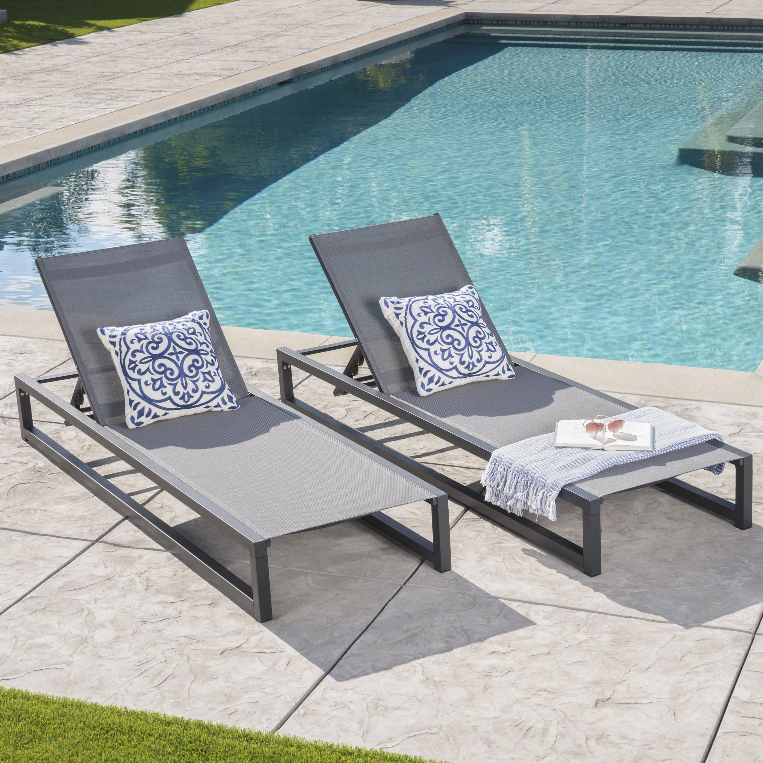Outdoor Adjustable Chaise Lounge Set of 2, Aluminum Frame Poolside Recliner Chairs for Patio Garden, Gray
