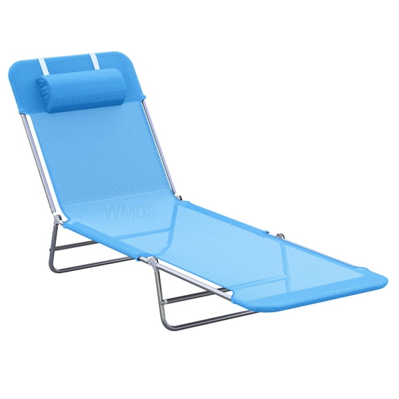Outdoor Adjustable Reclining Lounge Chair with Pillow, Foldable Steel Frame Mesh Sun Tanning Chair for Patio, Backyard, Blue
