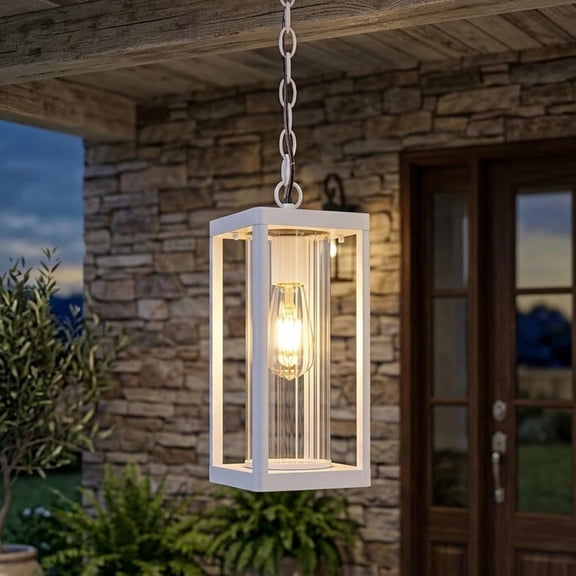 Outdoor Adjustable White Farmhouse Pendant Lantern Light for Porch or Patio