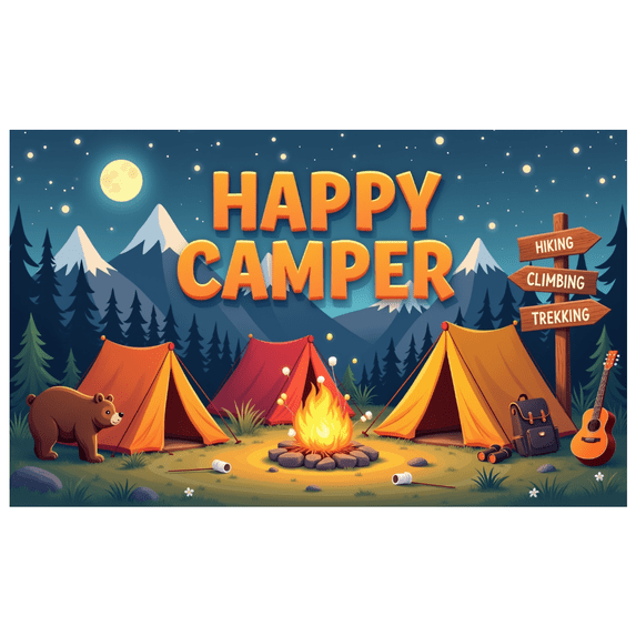 Outdoor Adventure Banner Happy Camper Tent Design Campfire Scene Decorative for Hiking Climbing Trekking