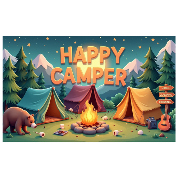 Outdoor Adventure Banner Happy Camper Tent Design Campfire Scene Decorative for Hiking Climbing Trekking