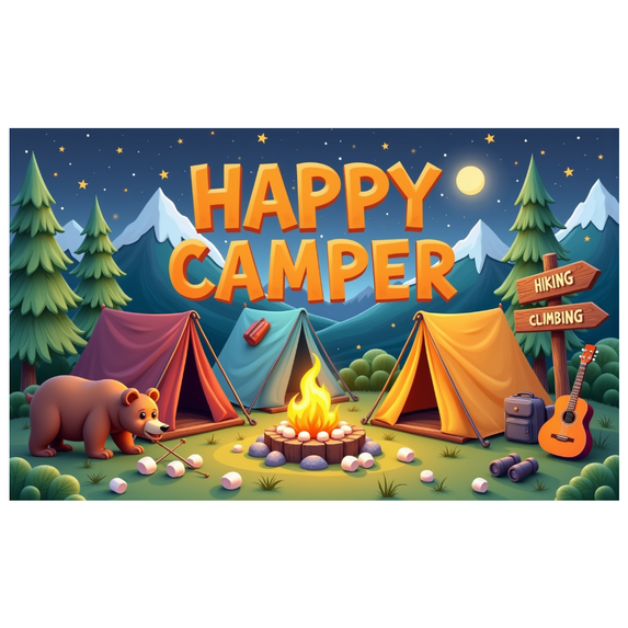 Outdoor Adventure Banner Happy Camper Tent Design Campfire Scene Decorative for Hiking Climbing Trekking