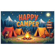 Outdoor Adventure Banner Happy Camper Tent Design Campfire Scene Decorative for Hiking Climbing Trekking