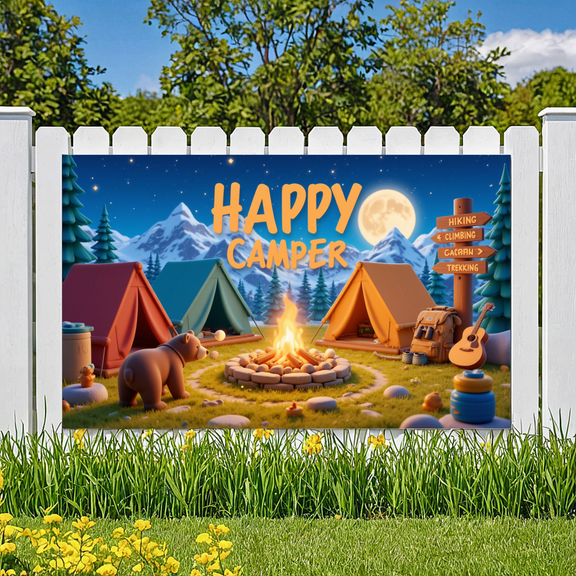 Outdoor Adventure Banner Happy Camper Tent Design Campfire Scene Decorative for Hiking Climbing Trekking