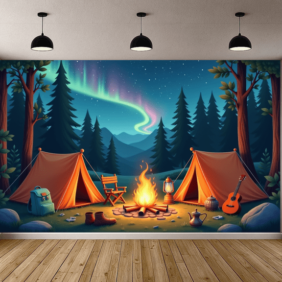 Outdoor Adventure Camping Banner Night Sky Design Lantern Decor Tent Setup for Outdoor Party Nature Enthusiasts Journey