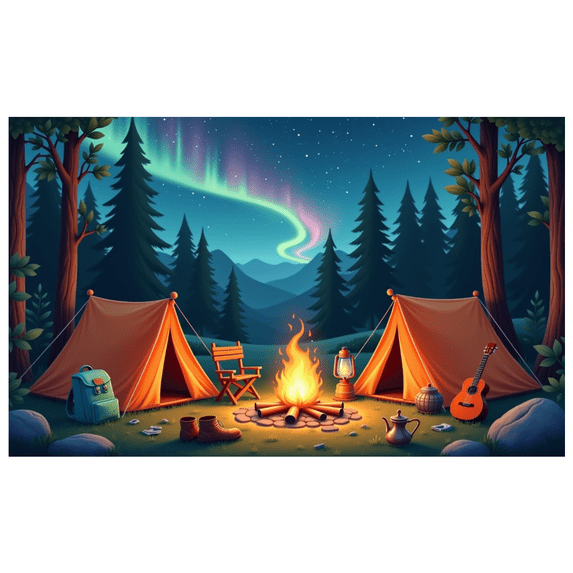Outdoor Adventure Camping Banner Night Sky Design Lantern Decor Tent Setup for Outdoor Party Nature Enthusiasts Journey