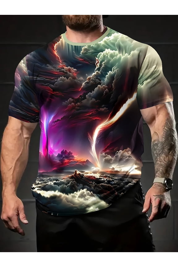 Outdoor Adventure, Men's Summer Tornado Pattern T-Shirt - Vibrant Digital Print, Short Sleeve, Crew Neck, Casual Outdoor Sportswear, Polyester Fabric