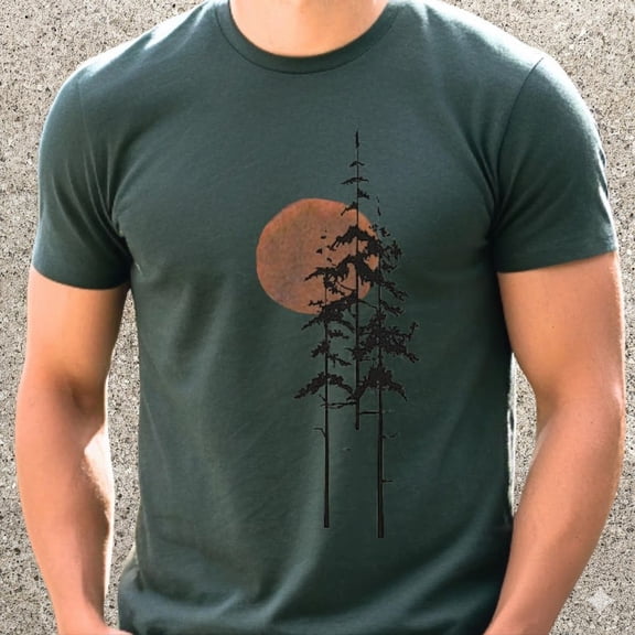 Outdoor Adventure T-Shirt: Sunrise Forest Design, Cotton Nature Shirt, Men's camping tee, gift for men, Unisex, Full Size