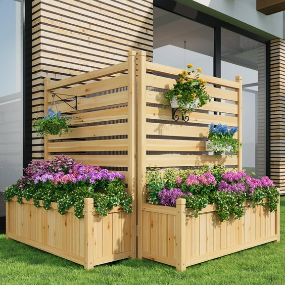 Outdoor Air Conditioner Fence, 2 Panel Wood Privacy Screen with Planter Box, Trash Can Enclosure Pool Equipment Fence Screen for Courtyard, Garden