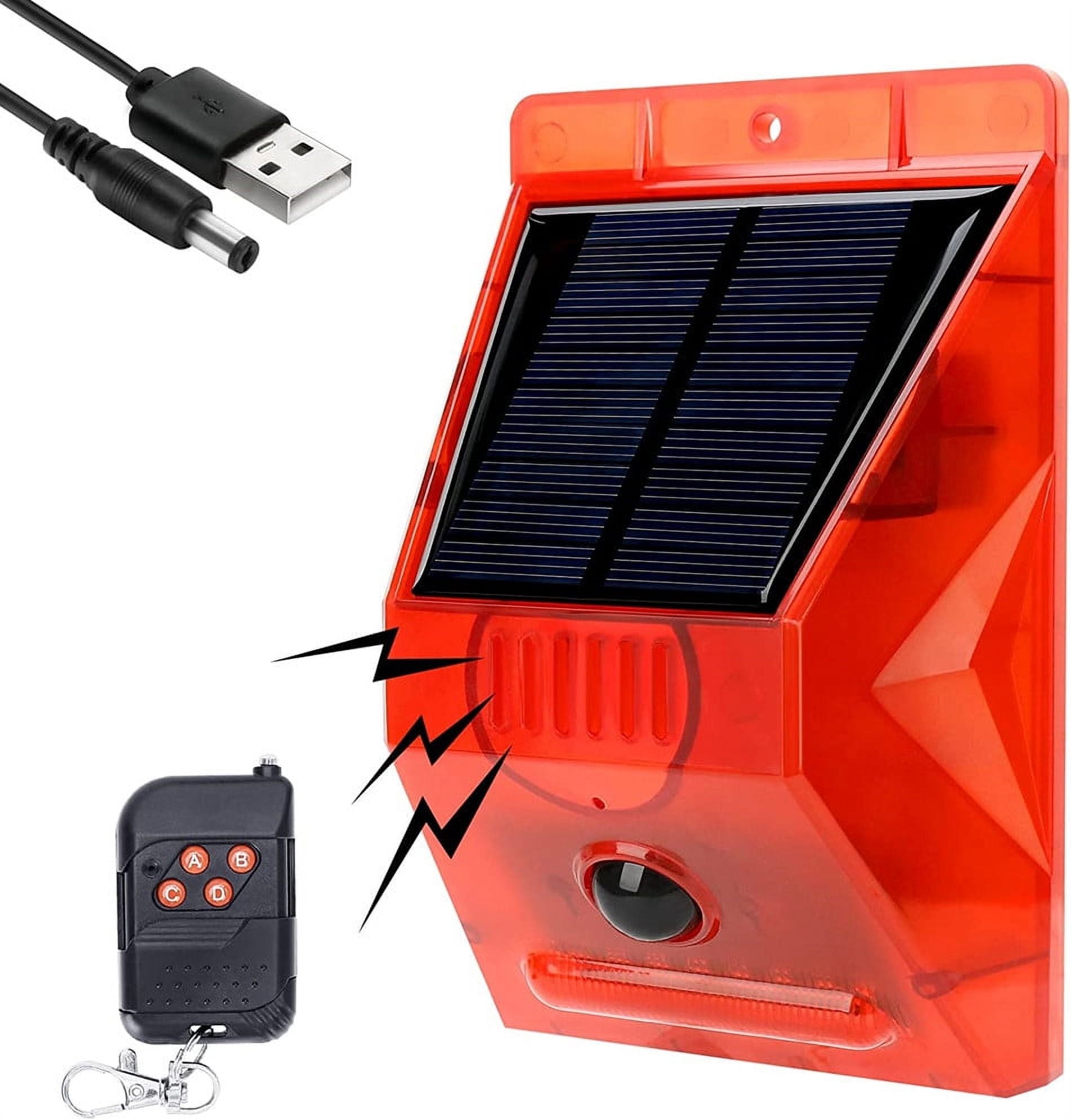 Outdoor Alarm Siren with Motion Detector Solar Alarm Light with Remote Controller 129db Sound Security Siren IP65 Waterproof 24 Hours & Night Mode for Home, Farm, Villa, Yard,Barn