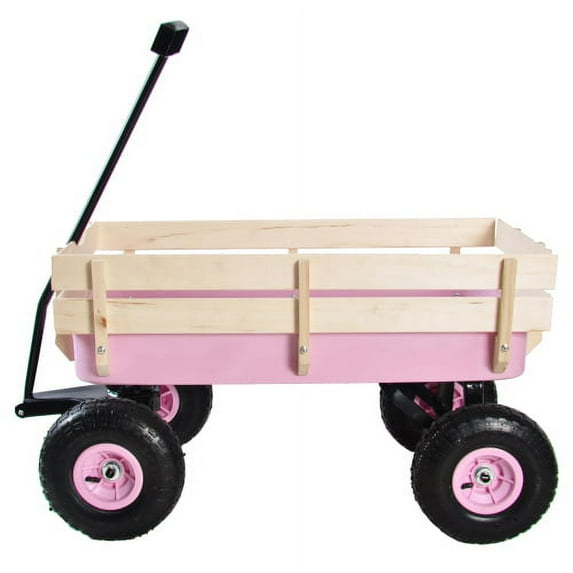 Outdoor All-Terrain Wagon with Wood Railing & Air-Filled Tires, Foldable Handle Steel Garden Cart for Yard Work, Beach, 176LBS Capacity, Pink