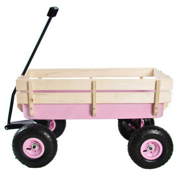 Outdoor All-Terrain Wagon with Wood Railing & Air-Filled Tires, Foldable Handle Steel Garden Cart for Yard Work, Beach, 176LBS Capacity, Pink