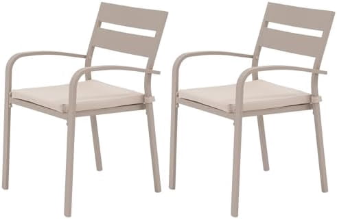 Outdoor Aluminum 2-Piece Patio Dining Chairs with Cushions, Stackable Bistro Chairs for Balcony, Garden, Backyard, Flaxen Finish & Beige Cushion