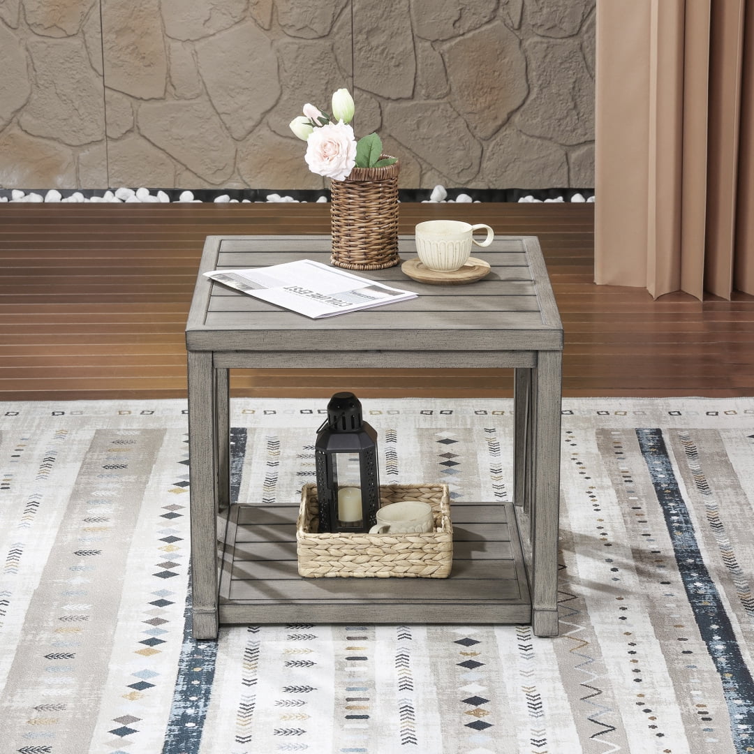 Outdoor Aluminum 2-Tier Side End Table, Limed Oak Finish, Adjustable Leveling Feet, Rust-Free