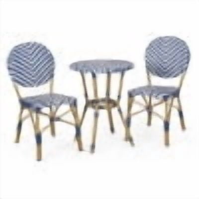Outdoor Aluminum 3 Piece French Bistro Set, Navy Blue, White, with Bamboo Finish