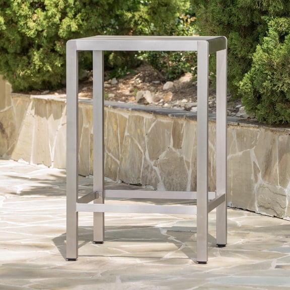 Outdoor Aluminum Bar Table with Tempered Glass Top, 43 Inch Counter Height Patio Table with Footrest, Rust-Resistant Frame for Garden, Deck or Poolside