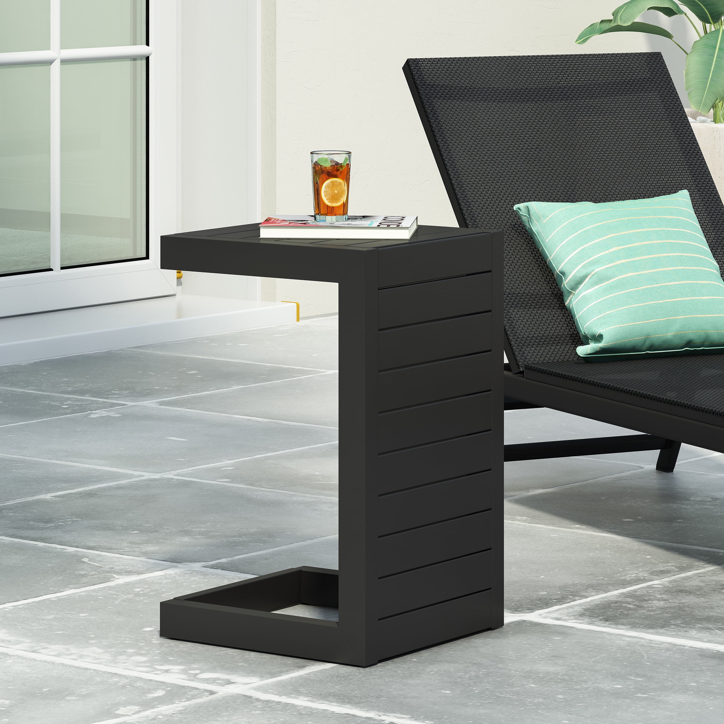 Outdoor Aluminum C Shaped Side Table, Space Saving Accent Table for Patio Garden, Black