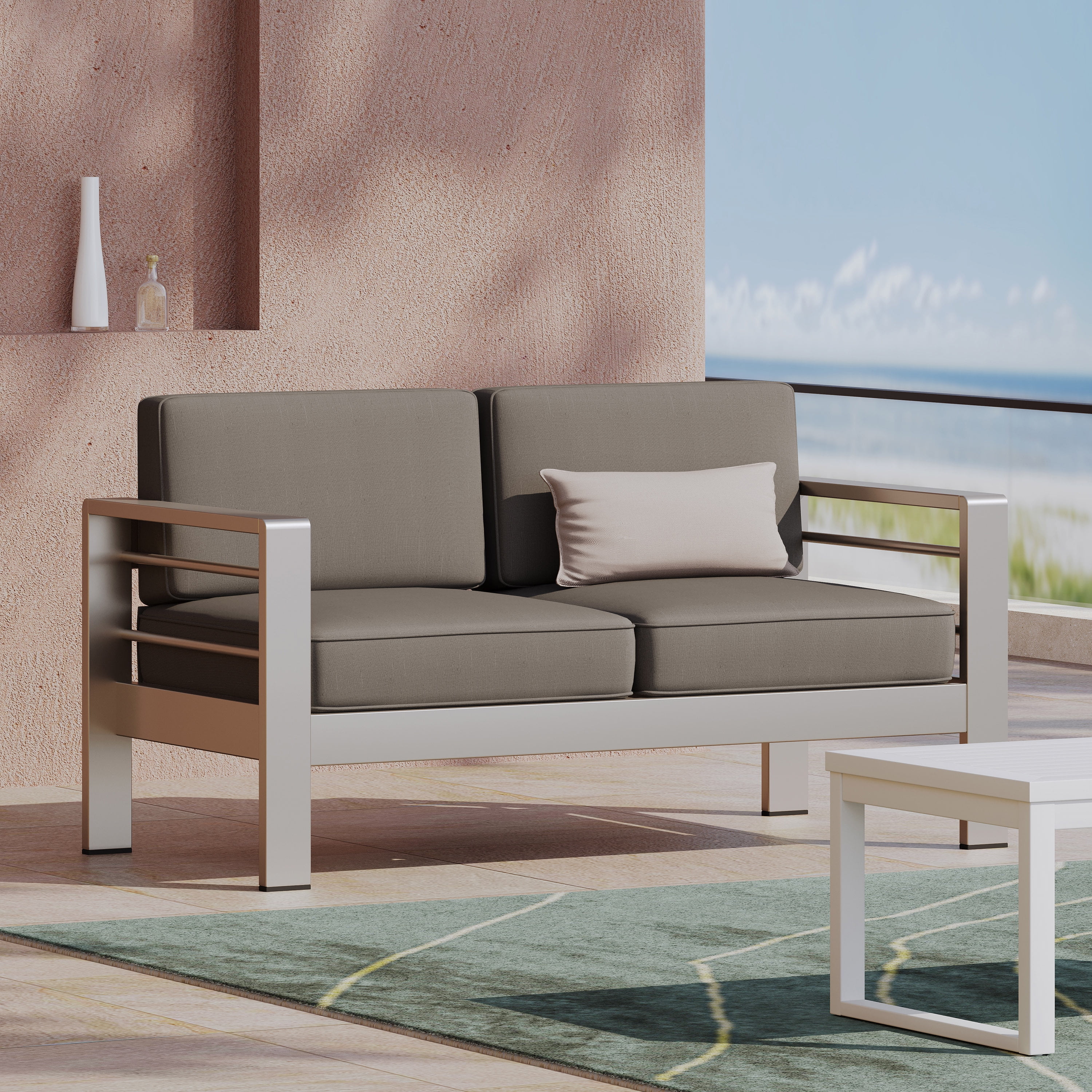 Outdoor Aluminum Frame Double Seat Loveseat, Lightweight Leisure Sofa for Patio Garden, Gray