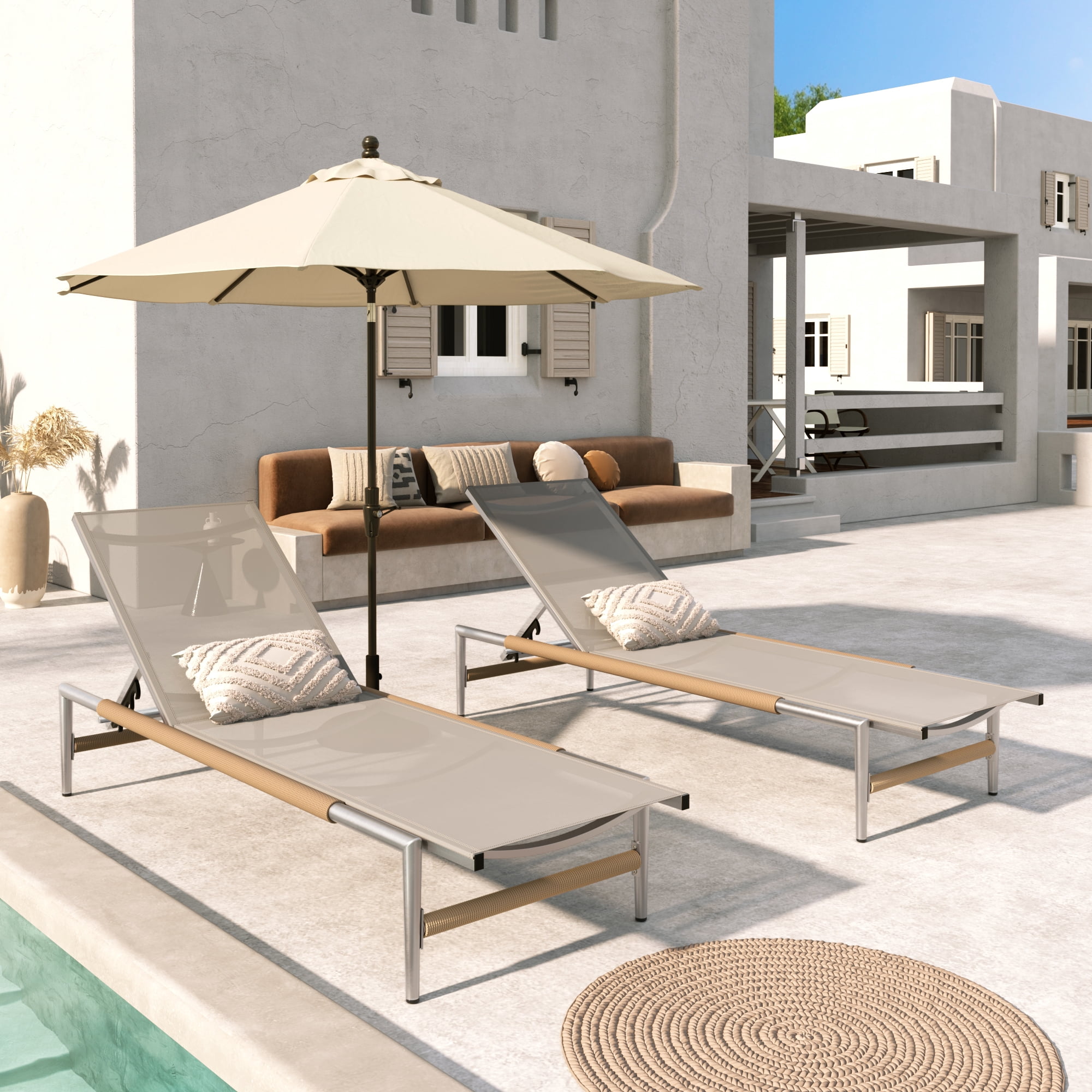 Outdoor Aluminum Frame Patio Chaise Lounges Set of 2 for Poolside Beach Deck, Silver