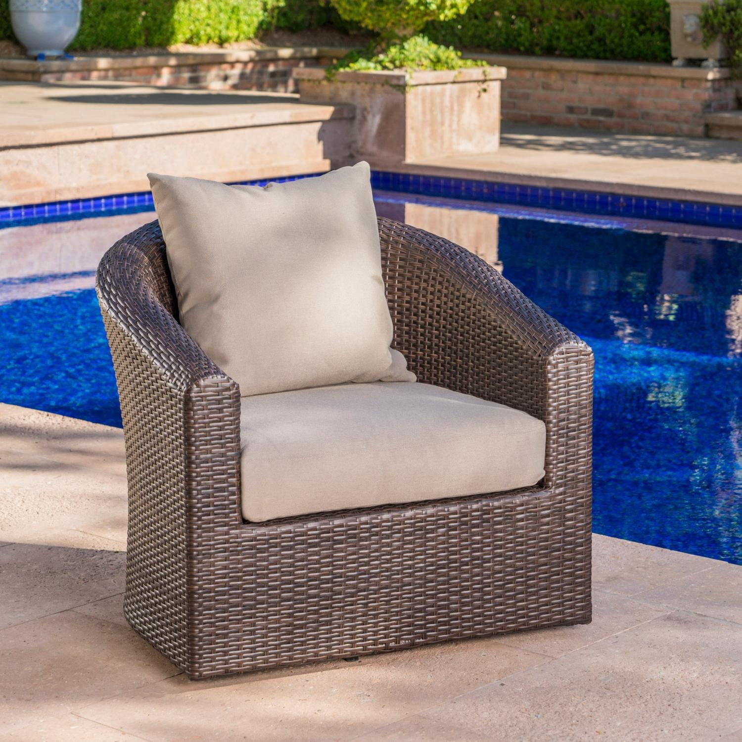 Outdoor Aluminum Frame Wicker Swivel Chair with 360° Rotation, Weather-Resistant Patio Chair with Thick Cushion for Garden Porch Backyard, Khaki+Brown