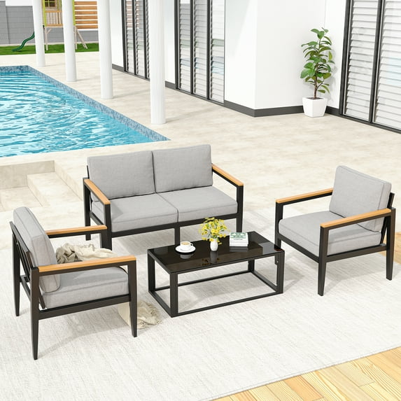 Outdoor Aluminum Furniture Set,4 Piece Patio Conversation Sets,Removable & Washable Cushion,Ink Color Tempered Glass Table