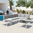 thumbnail image 1 of Outdoor Aluminum Furniture Set, 5 Pieces Patio Sectional Conversation Chat Sofa Modern Seating Set with Coffee Table Furniture Clips for Backyard, White+Grey, 1 of 10