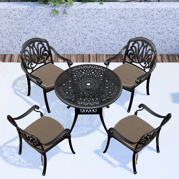 Outdoor Aluminum Patio Chairs And Table - Weather , Comfortable Seating With Cushions In Dark Color Cast Furniture Black, Stackable Design Cozy Padding