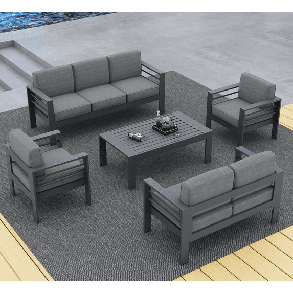 Outdoor Aluminum Patio Furniture Set, 5 Pieces Sectional Conversation Chat Sofa Modern Seating Set