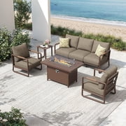 Outdoor Aluminum Patio Furniture Set, 5-Seat Patio Conversation Sofa Set with Oversized Fire Pit Table w/Glass Wind Guard, All Weather for Balcony, Garden-Brown