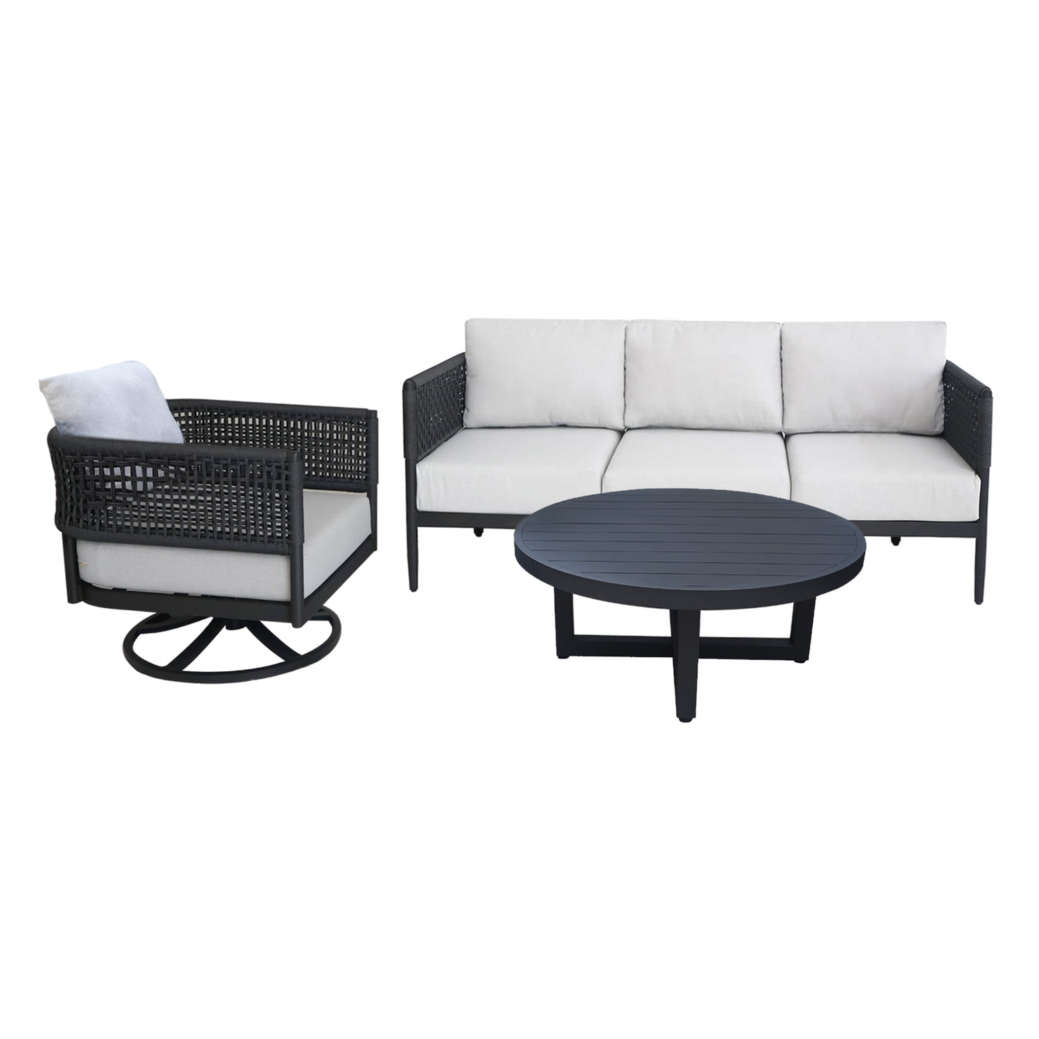 Modern Black Woven Rope Outdoor Patio Set with Off-White Cushions