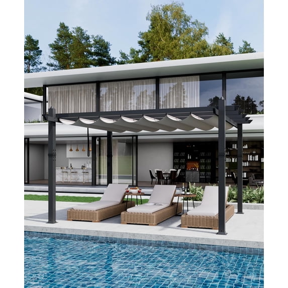 Outdoor Aluminum Pergola with Retractable Canopy, Reinforced 4-Sided Base, Waterproof & UV-Resistant Adjustable Roof, Modern Design for Patio, Deck, Backyard, and Garden