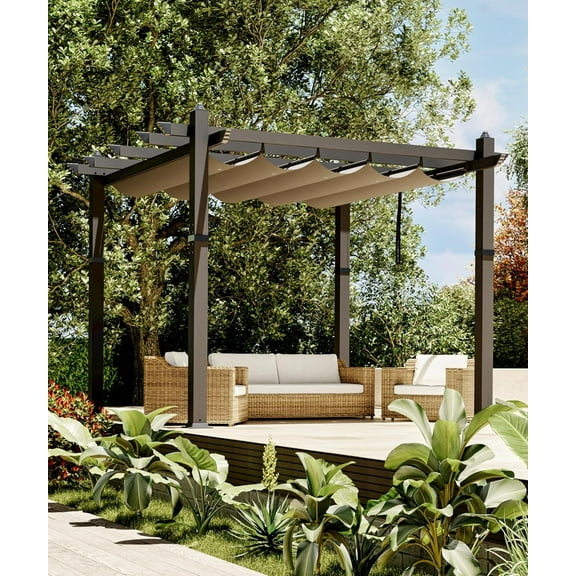 Outdoor Aluminum Pergola with Retractable Canopy, Reinforced 4-Sided Base, Waterproof & UV-Resistant Adjustable Roof, Modern Design for Patio, Deck, Backyard, and Garden