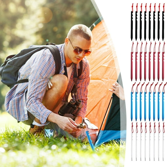 Outdoor Aluminum Tent Stakes Set | 8 Pack Lightweight Durable Ground Anchors | Tri-Edge Sawtooth Design | 18x5x5cm | Red Black Blue Silver | Rope Storage Bag Included | Secure Tents Canopies Camping