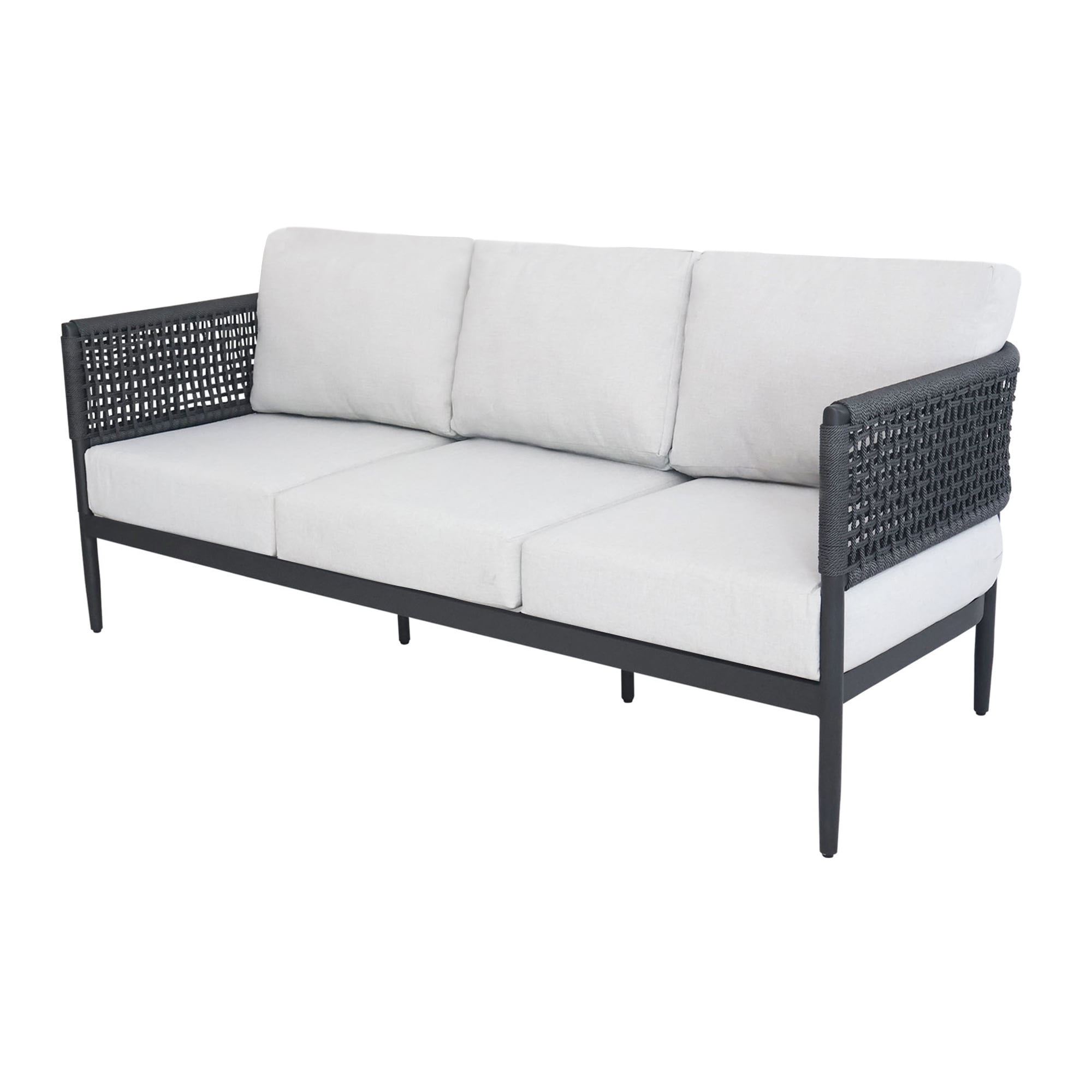 Outdoor Black Wicker and Metal Three-Seater Sofa with Off-White Cushions
