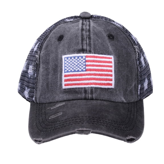 Outdoor American Flag, Black Iron on Patch, Black Mesh Fabric, Fourth of July decorations, Custom Embroidered Patch, Faded Finish, Adjustable Strap, Sun Cap, 1 Pc